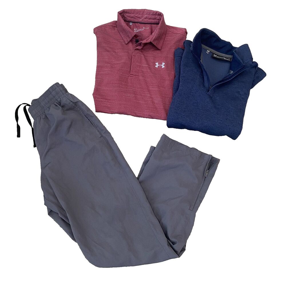 LOT (3) Under Armour Size S Long Sleeved Golf Polo Shirt 1/4 Zip and Wind Pants